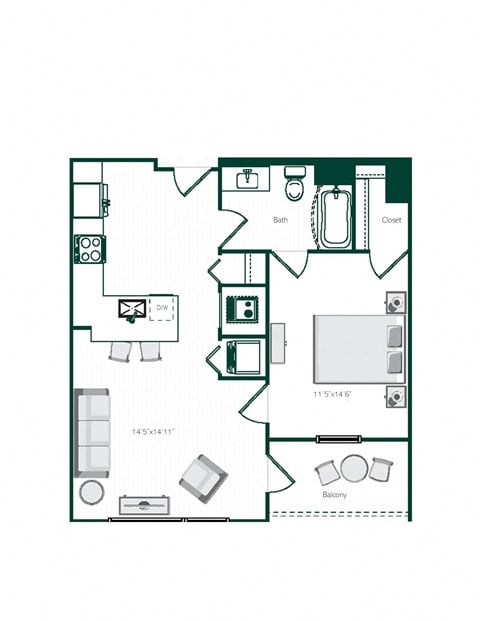 Floor plan for 1 bed, 1 bath, 689 sqft
